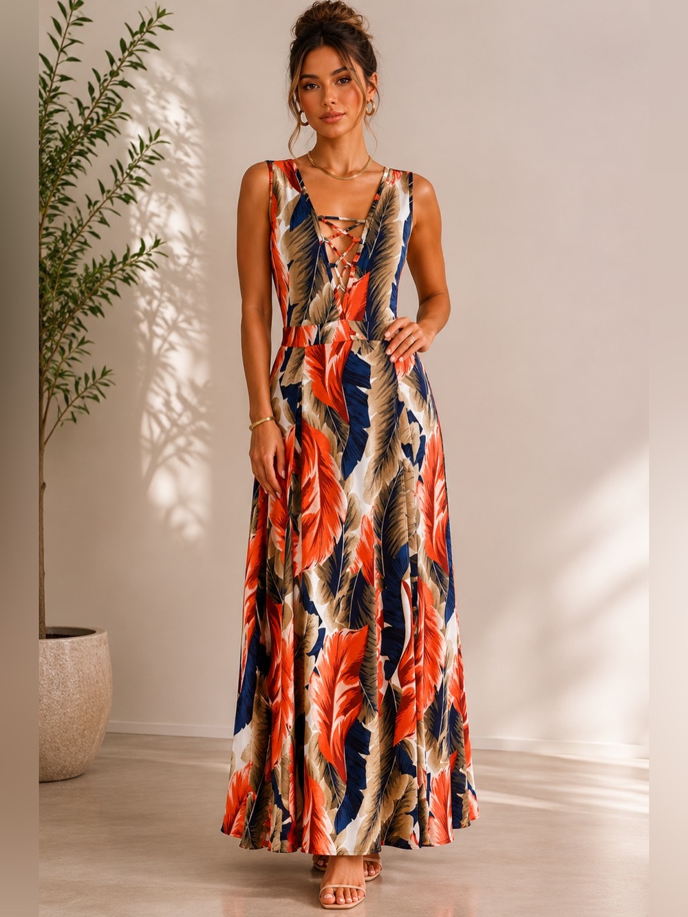 Lace-Up V-Neck Maxi Dress in Coral & Navy Leaf Print